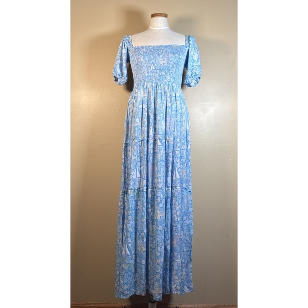 Kenny Flowers The Charleston Smocked Dress Maxi Blue White XXL